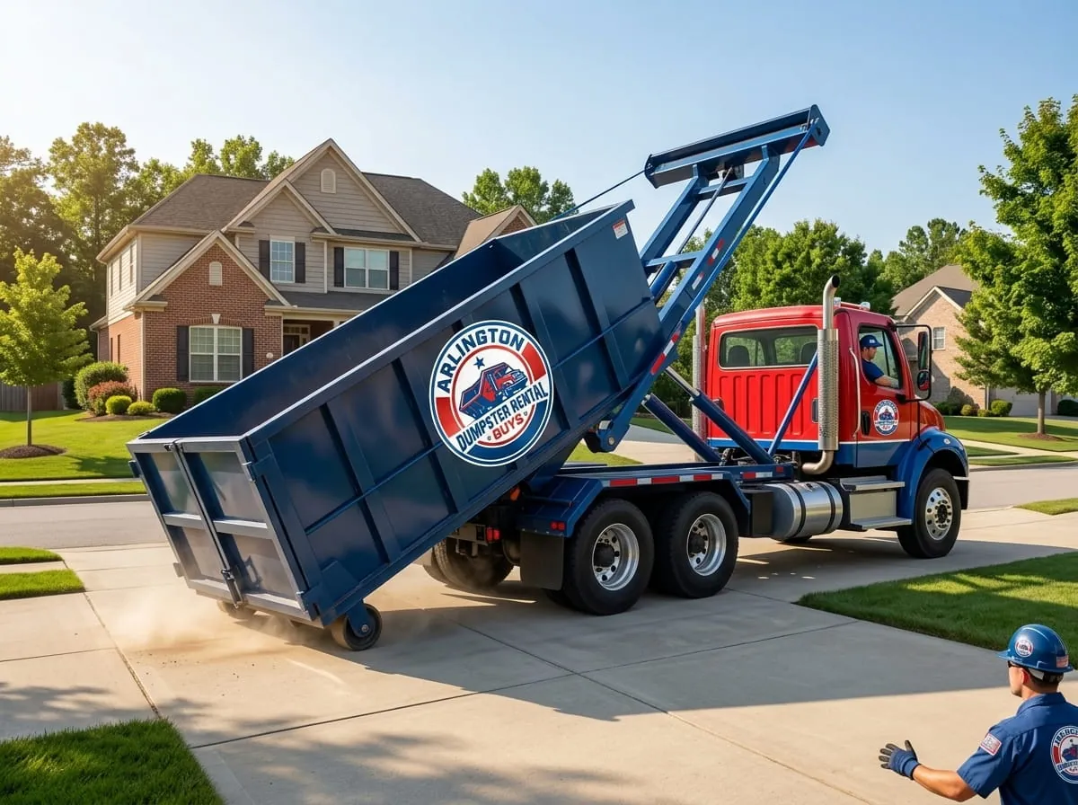 Same-day dumpster delivery in Arlington, VA Arlington Dumpster Rental Guys truck delivering a roll-off dumpster to a Arlington VA driveway