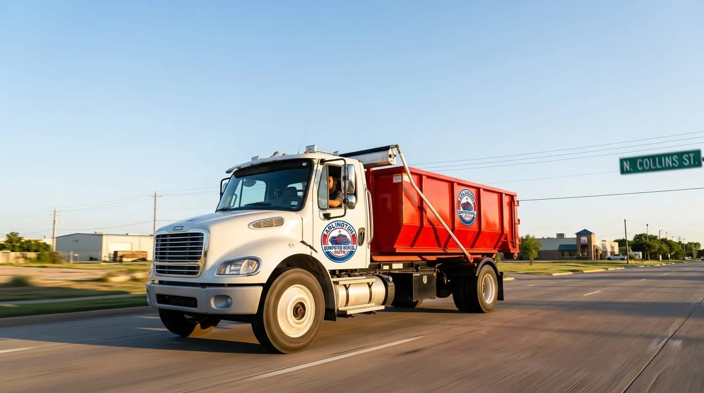 Arlington Dumpster Rental Guys fleet of roll-off dumpsters and trucks in Arlington, VA
